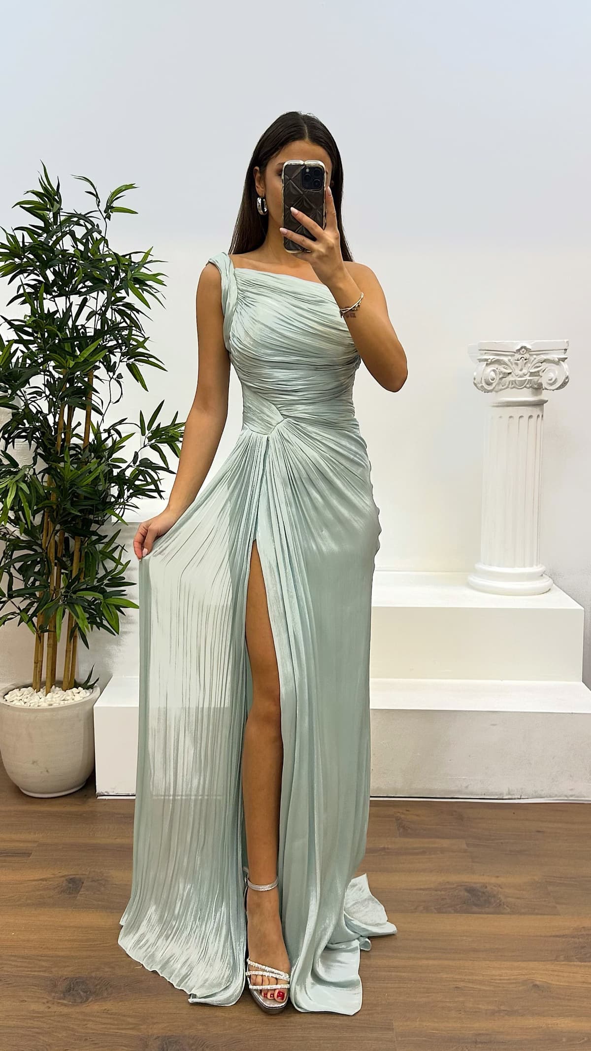 Mint Tek Omuz Drape Detay Şifon Abiye Elbise