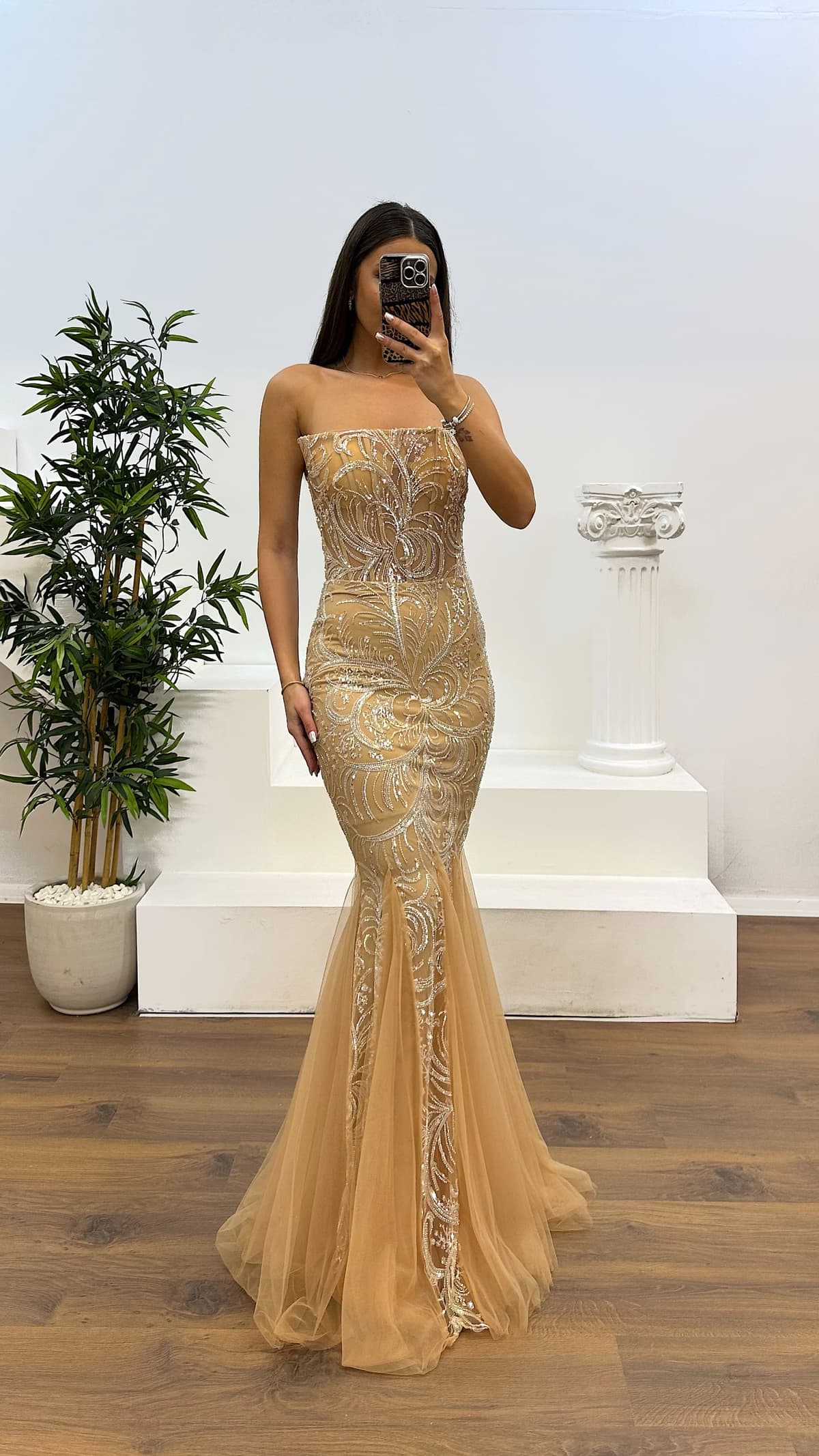 Gold Straplez Balık Model Abiye Elbise