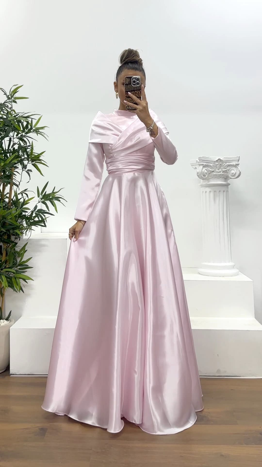 Pembe Saten Tesettür Abiye Elbise