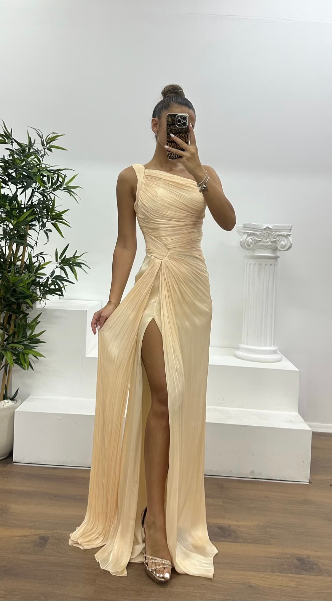 Açık Gold Tek Omuz Drape Detay Şifon Abiye Elbise