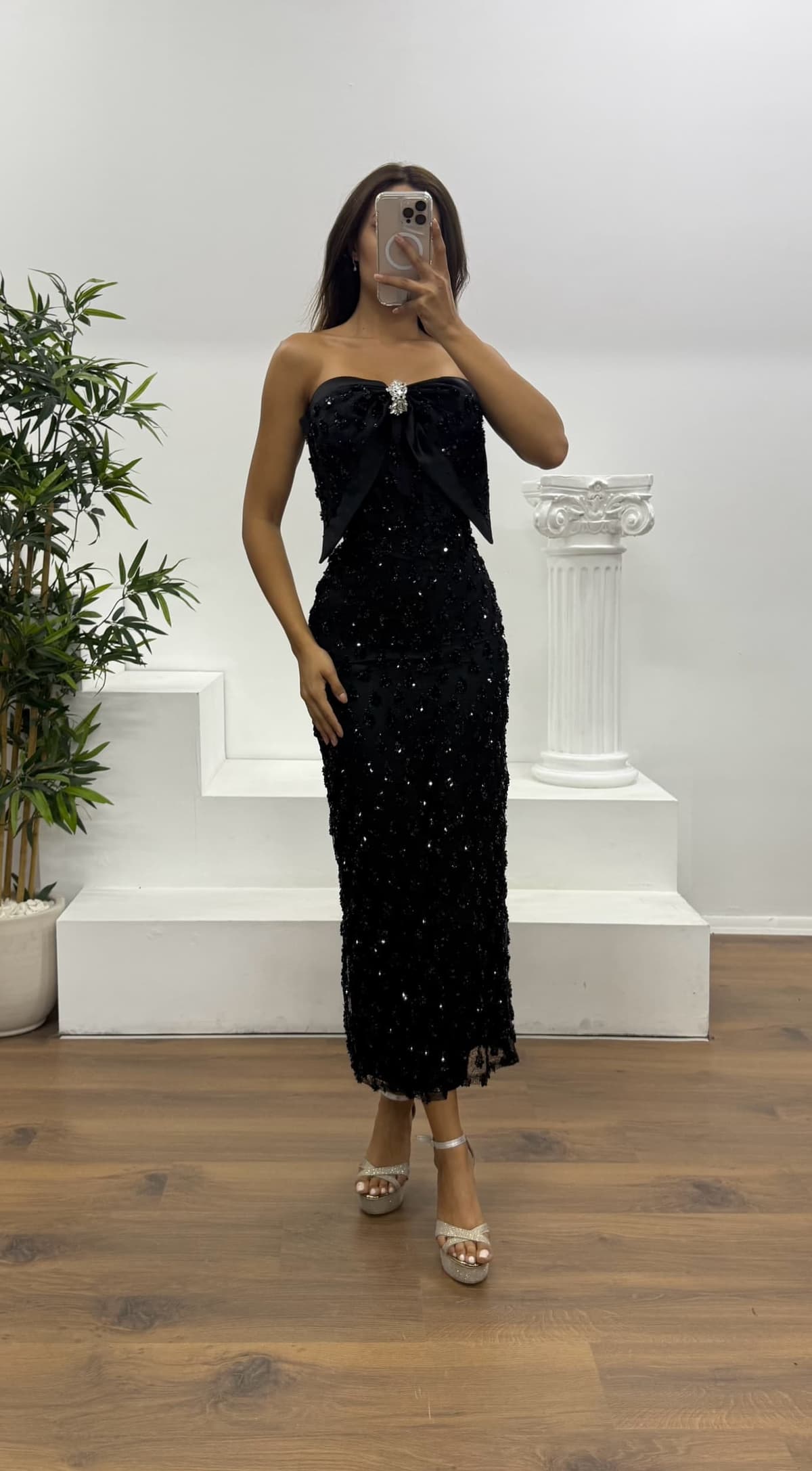 Siyah Fiyonk Detay Midi Boy Abiye Elbise