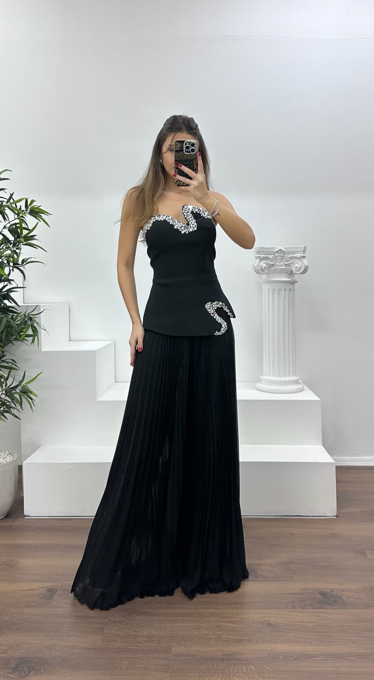 Siyah Straplez  Asimetrik Desen Taşlı Abiye Tulum