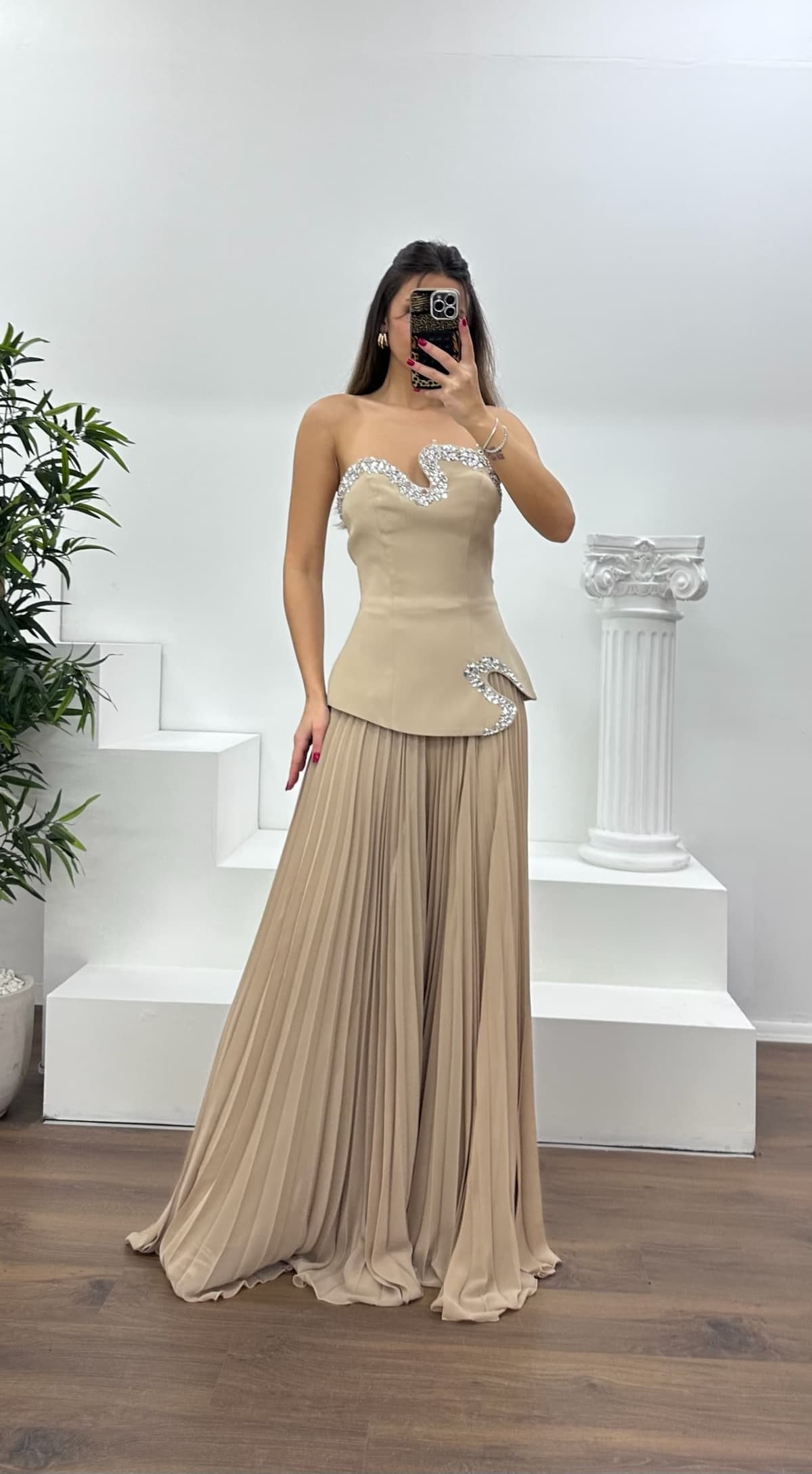 Taş Straplez  Asimetrik Desen Taşlı Abiye Tulum