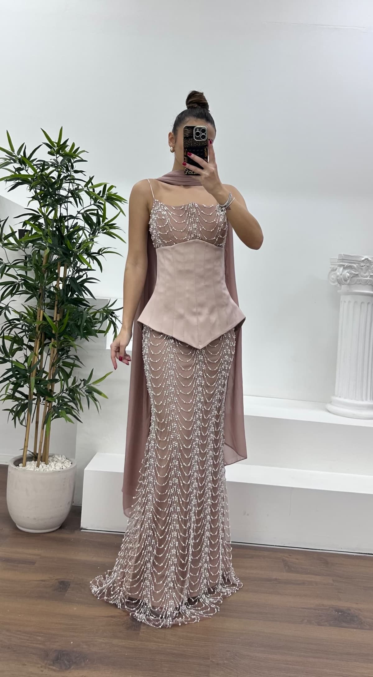 Cappuccino Straplez Korse Detay İşlemeli Abiye Elbise