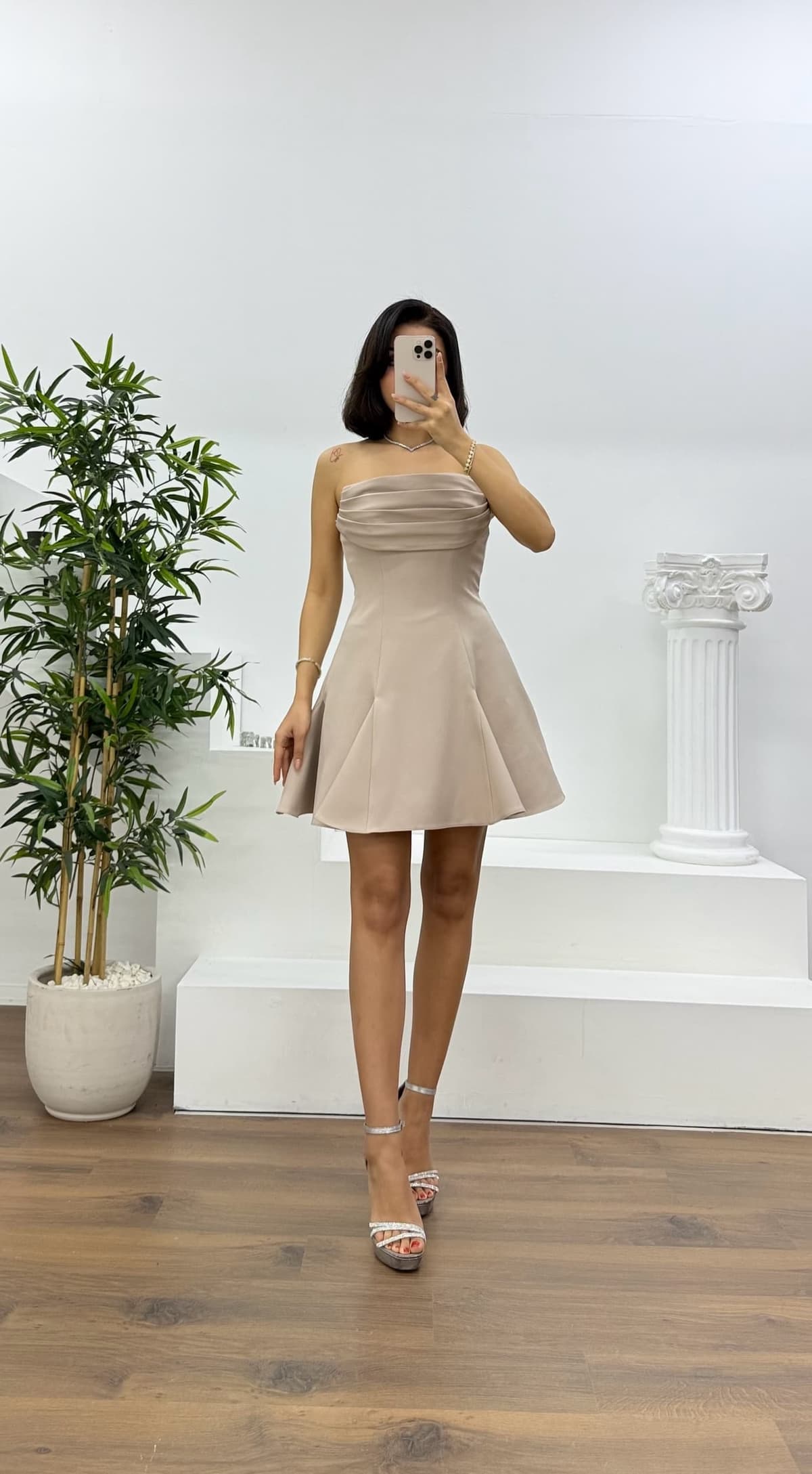 Vizon Straplez Drapeli Mini Abiye Elbise