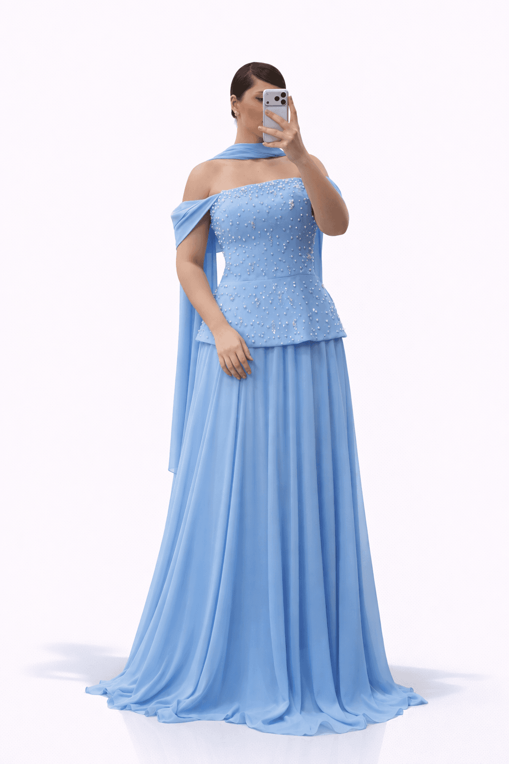 Bebe Mavi İnci İşlemeli Peplum Üstlü Uzun Şifon Büyük Beden Abiye Elbise