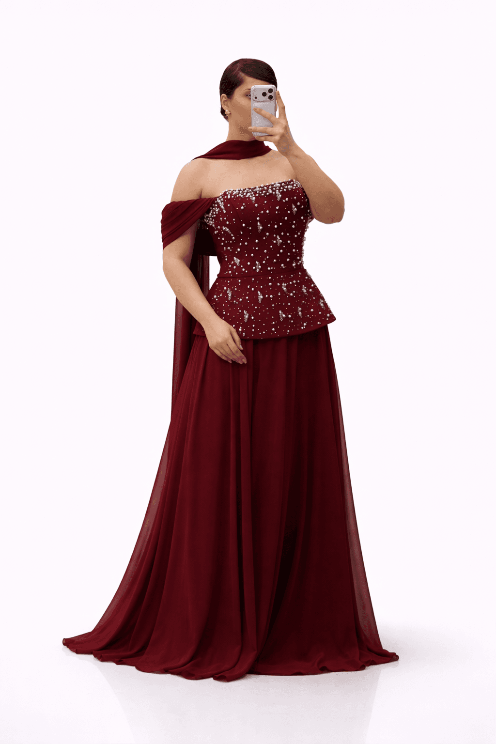 Bordo İnci İşlemeli Peplum Üstlü Uzun Şifon Büyük Beden Abiye Elbise