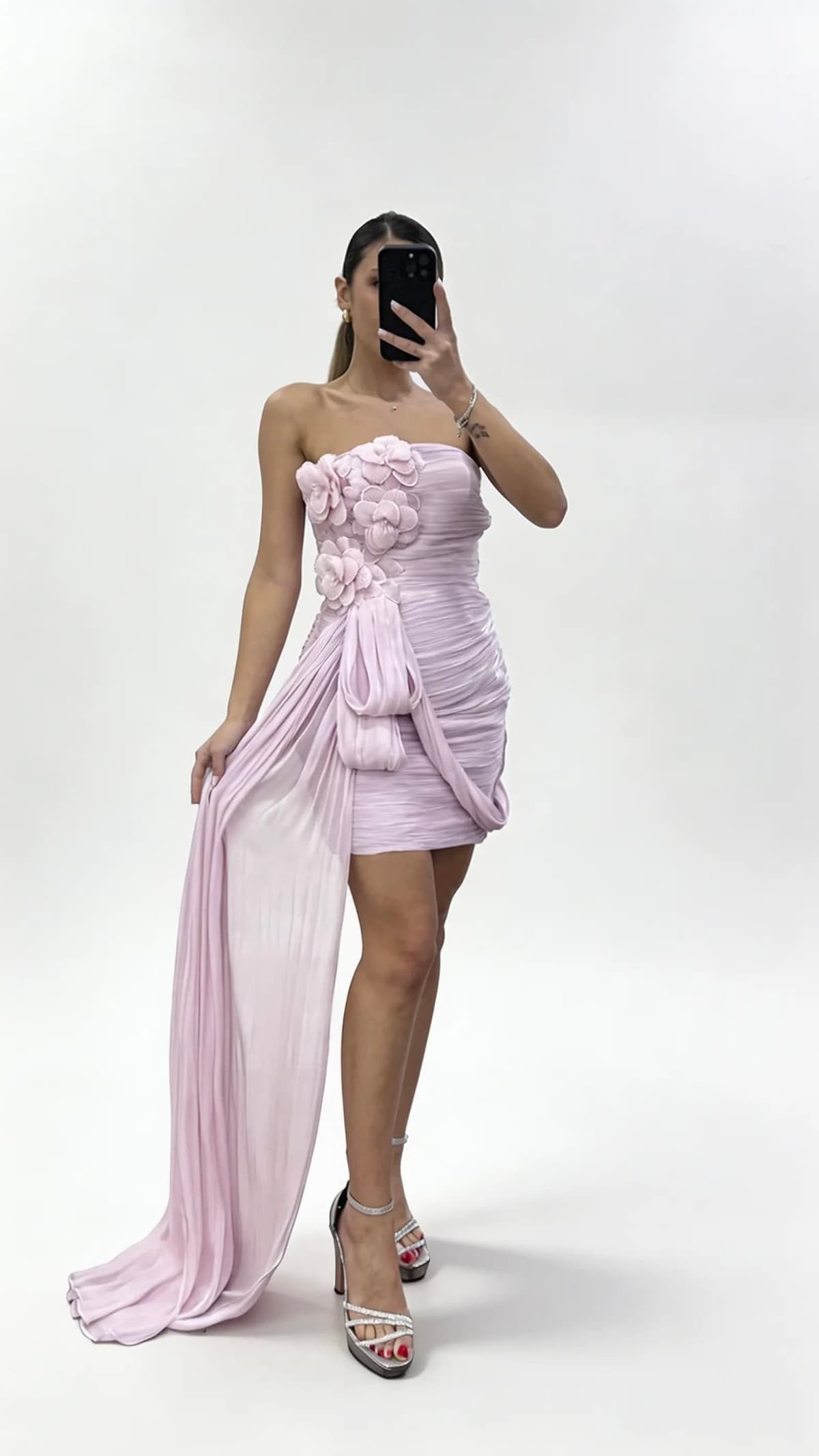 Pembe Straplez   Çiçek İşlemeli Şal Detaylı Abiye Elbise