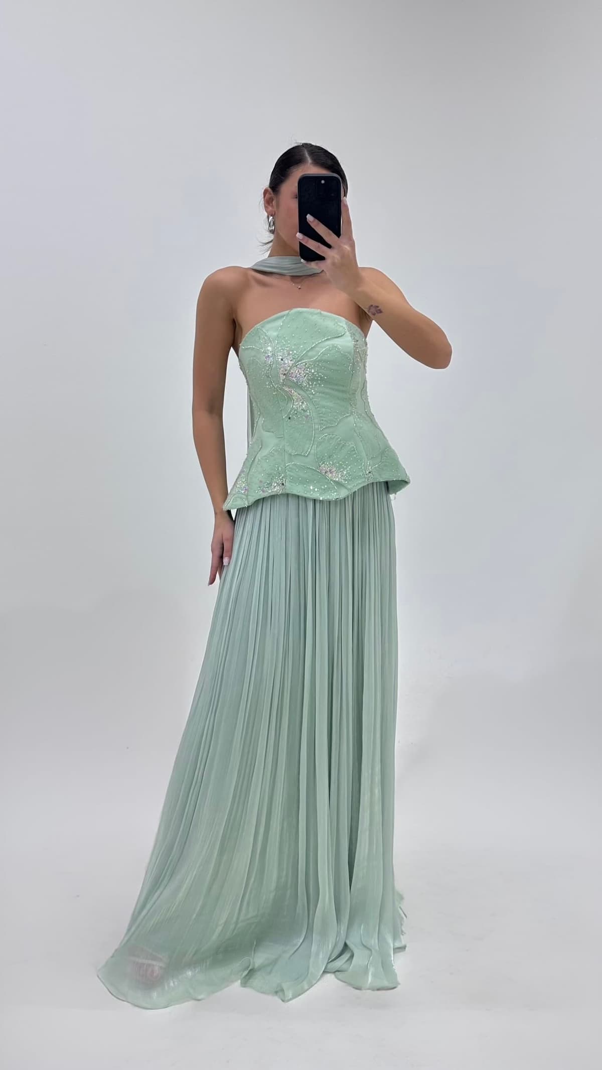 Mint Peplum Büstiyerli Piliseli Abiye Takım