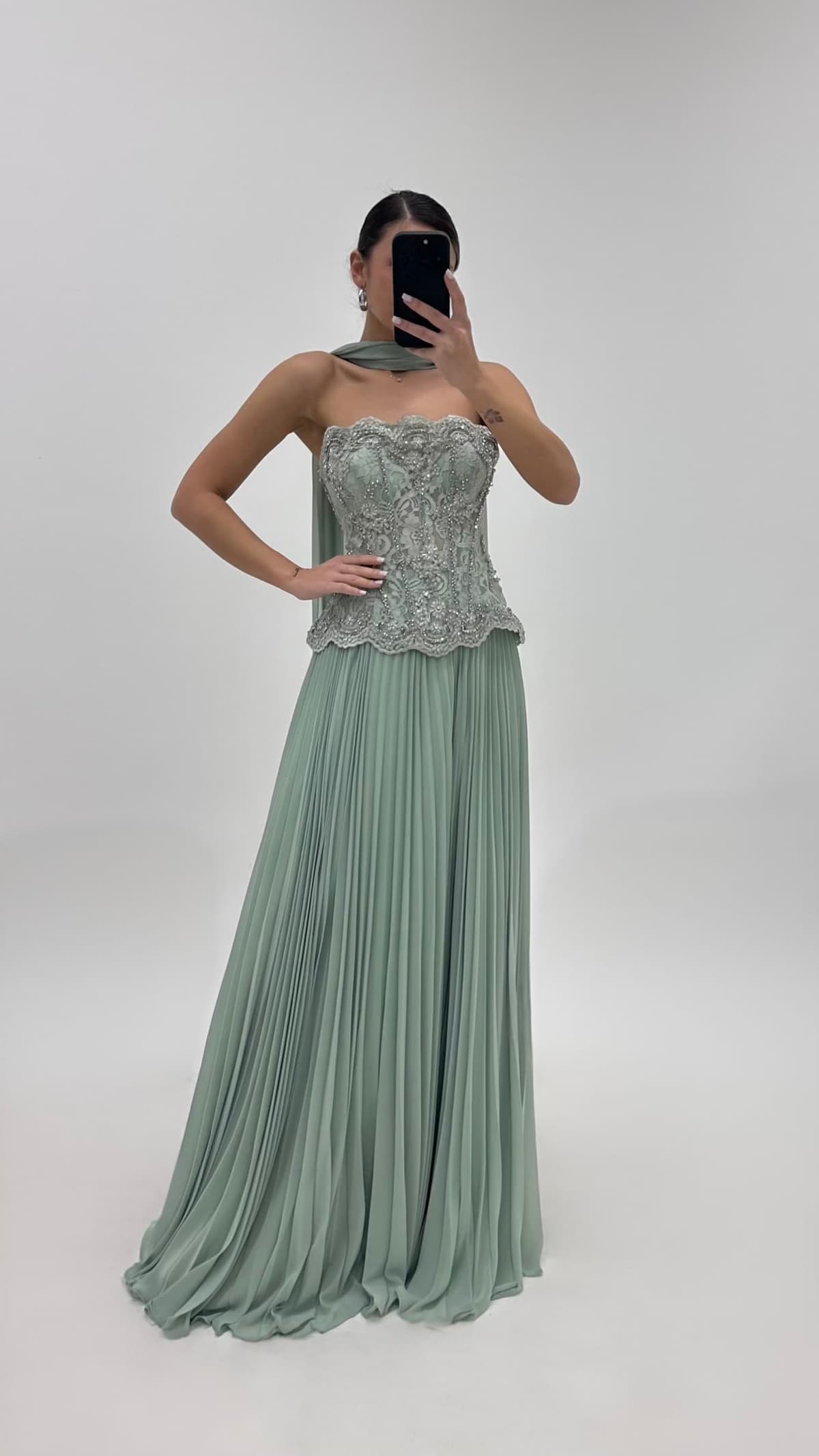 Mint Dantel İşlemeli Peplum Abiye Takım
